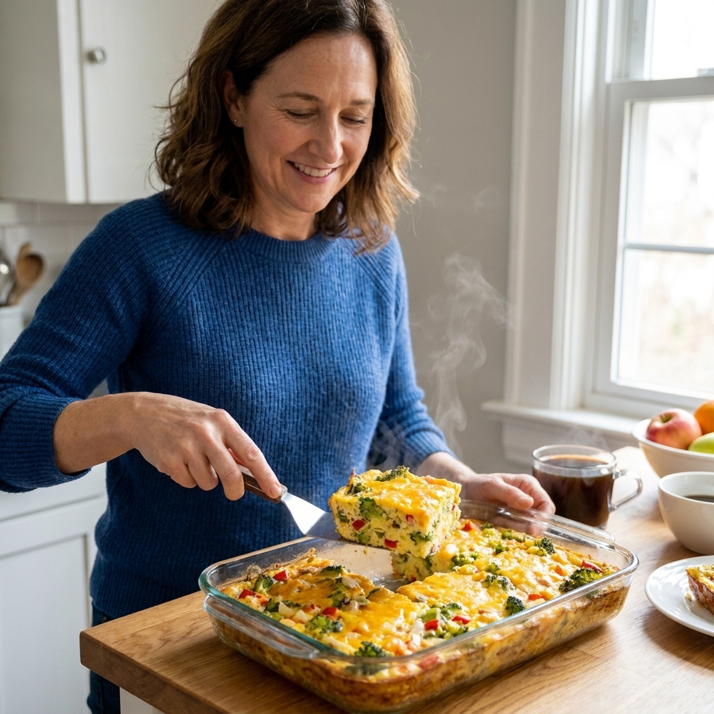 A square slice of egg casserole being lifted from a 9x13 pan with a metal spatula, showing a fluffy interior with vegetables and melted cheese