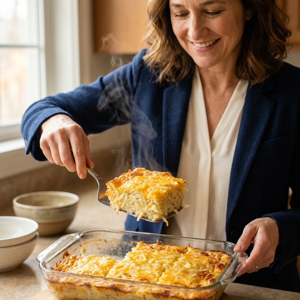 A square slice of hash brown casserole being lifted from a 9x13 baking dish with a spatula, showing a creamy interior and browned cheesy top