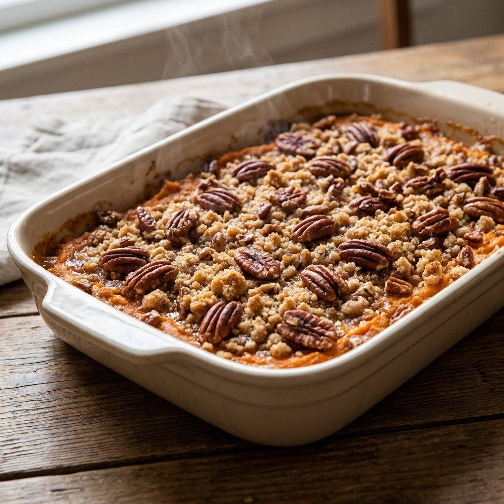 A sweet potato casserole topped with toasted pecans and browned crumble in a 9x13 baking dish