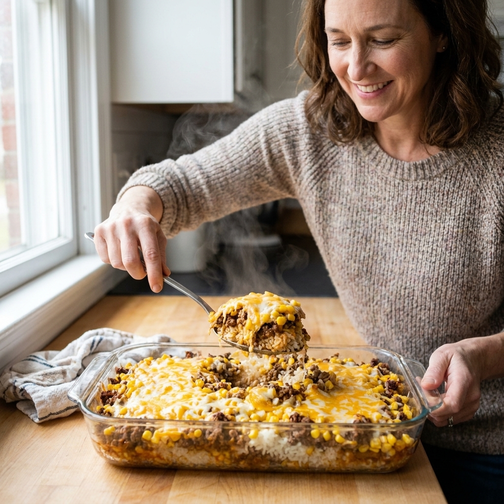 A taco rice casserole scooped from a 9x13 baking dish, showing seasoned beef, rice, corn, and melted cheese