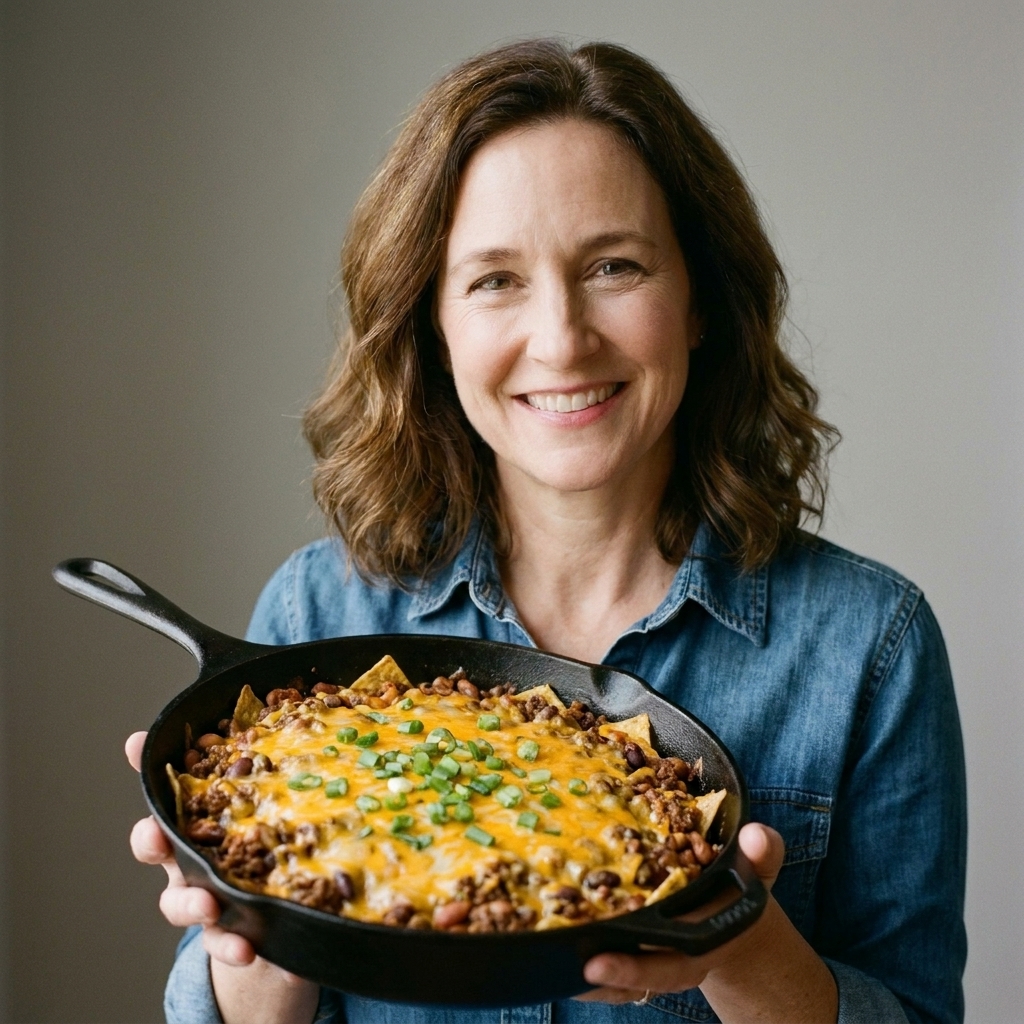 A taco-style skillet casserole with melted cheddar on top and chopped green onions scattered over the surface