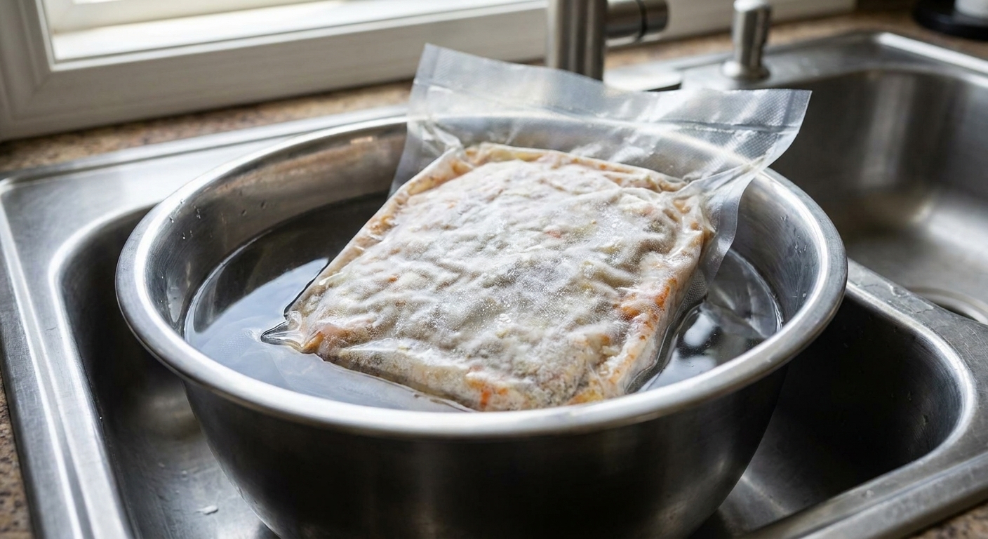 A tightly sealed plastic bag containing a frozen casserole sitting submerged in a large bowl of cold water in a kitchen sink