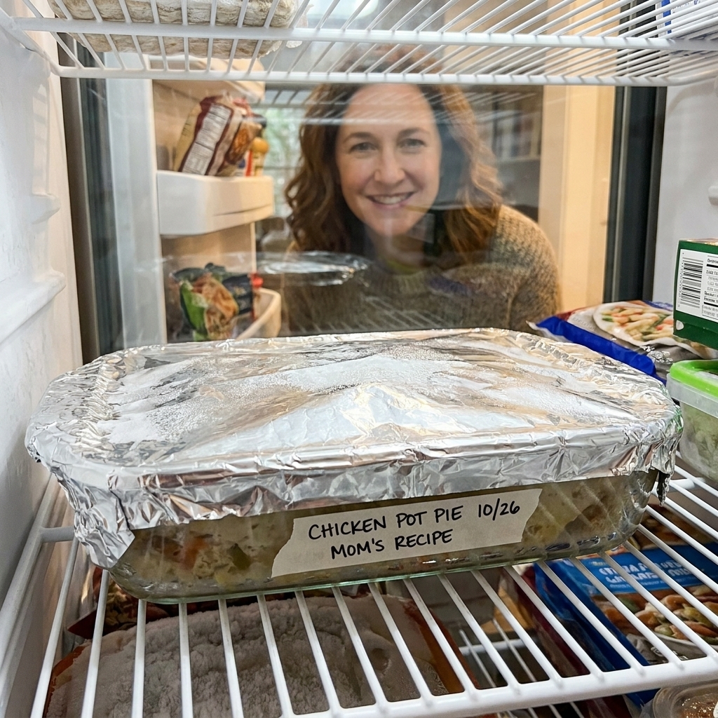 A tightly wrapped casserole dish with foil on top and a handwritten label showing the name and date, sitting on a freezer shelf