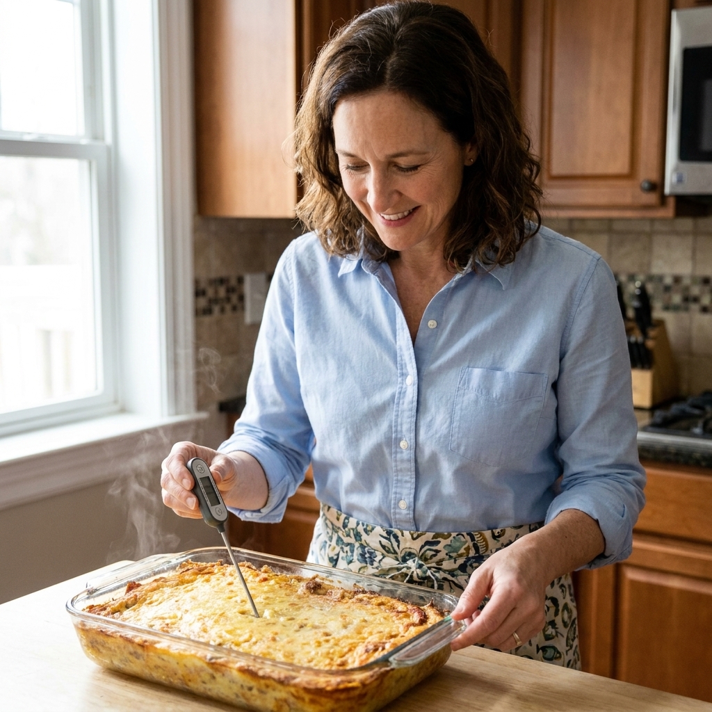An instant-read thermometer being inserted into the center of a baked casserole in a glass 9x13 dish
