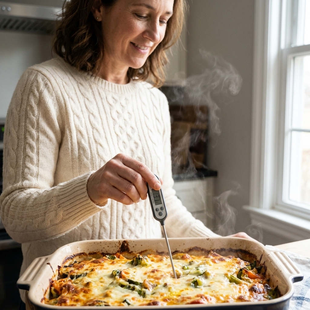 An instant-read thermometer being inserted into the center of a bubbling baked casserole to check the internal temperature