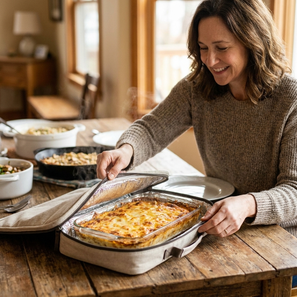 An insulated casserole carrier unzipped to reveal a hot glass baking dish inside, ready for a potluck