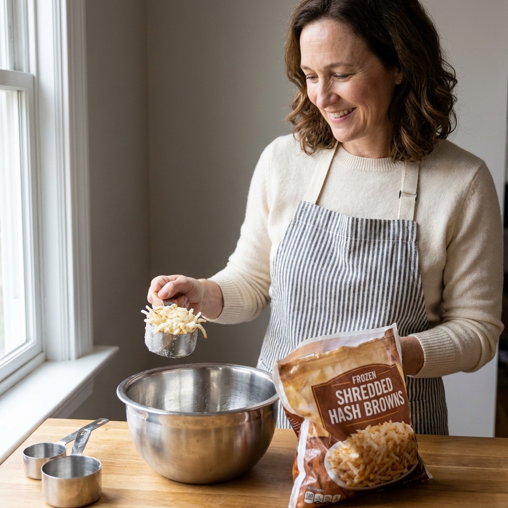 An open bag of frozen shredded hash browns on a kitchen counter next to a mixing bowl and measuring cups, ready to be used without thawing
