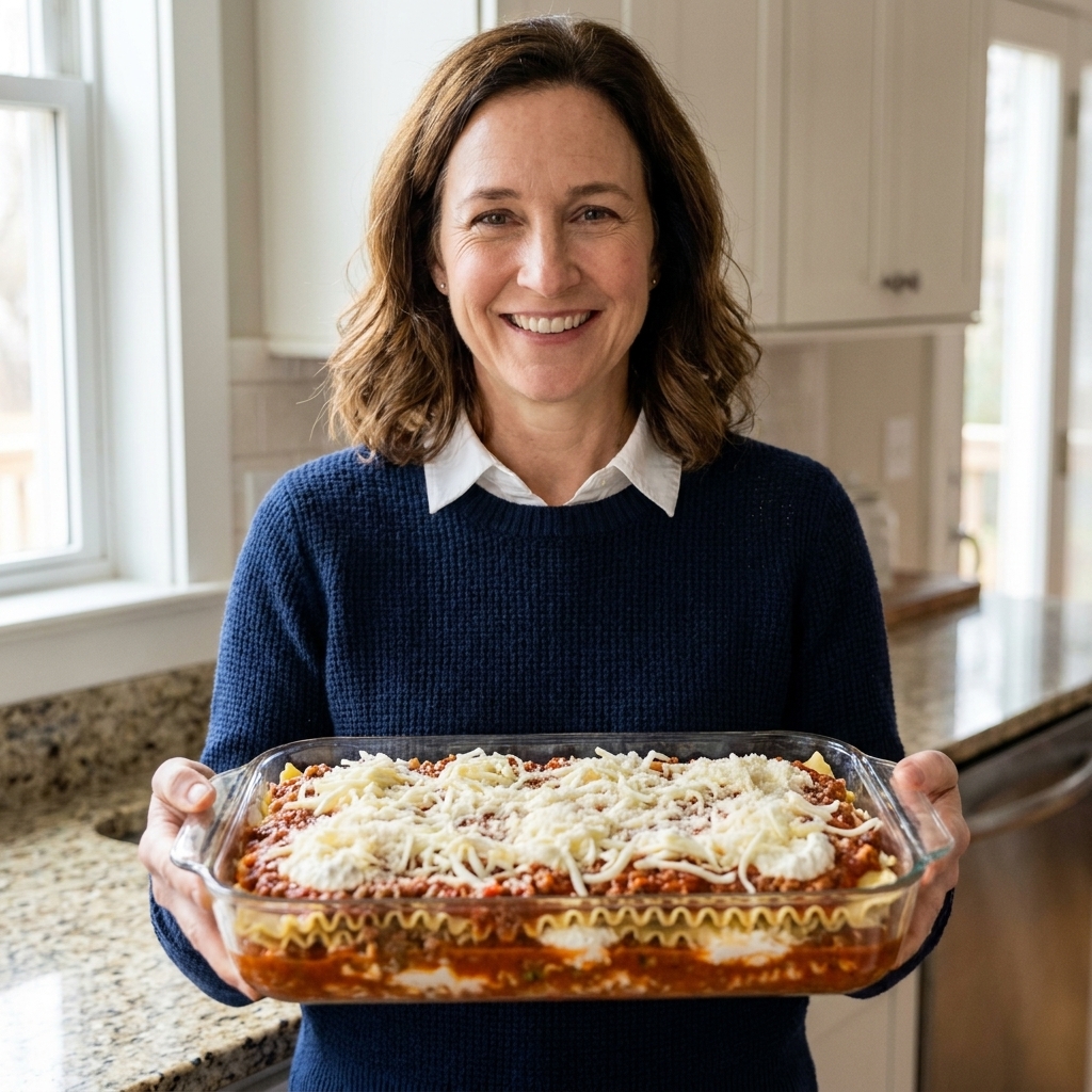 An unbaked lasagna assembled in a clear glass 9x13 dish, with visible layers of noodles, sauce, and cheese