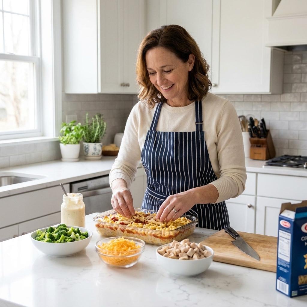 Clara Jenkins assembling a casserole in a 9x13 pan on a kitchen island with ingredients neatly arranged nearby