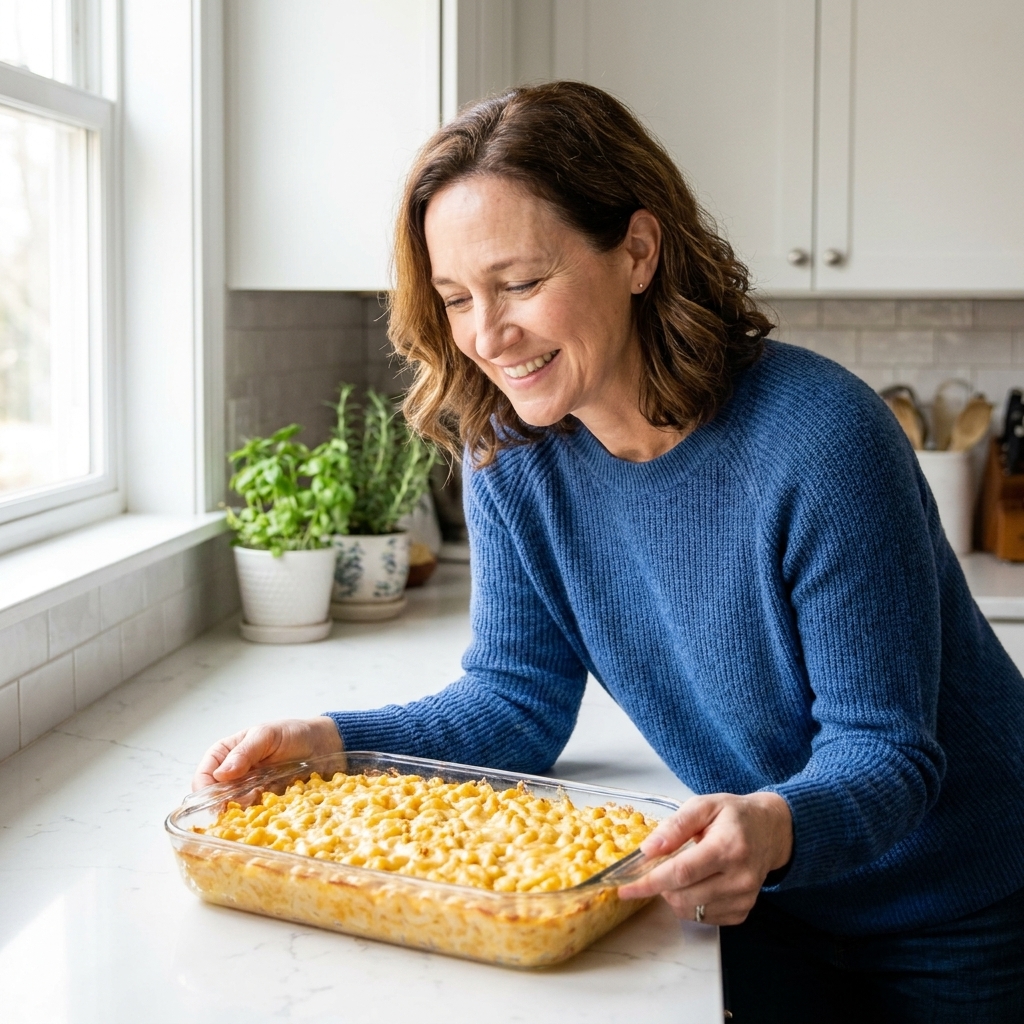 Clara Jenkins smiling in a bright home kitchen while holding a baked 9x13 casserole dish on the counter