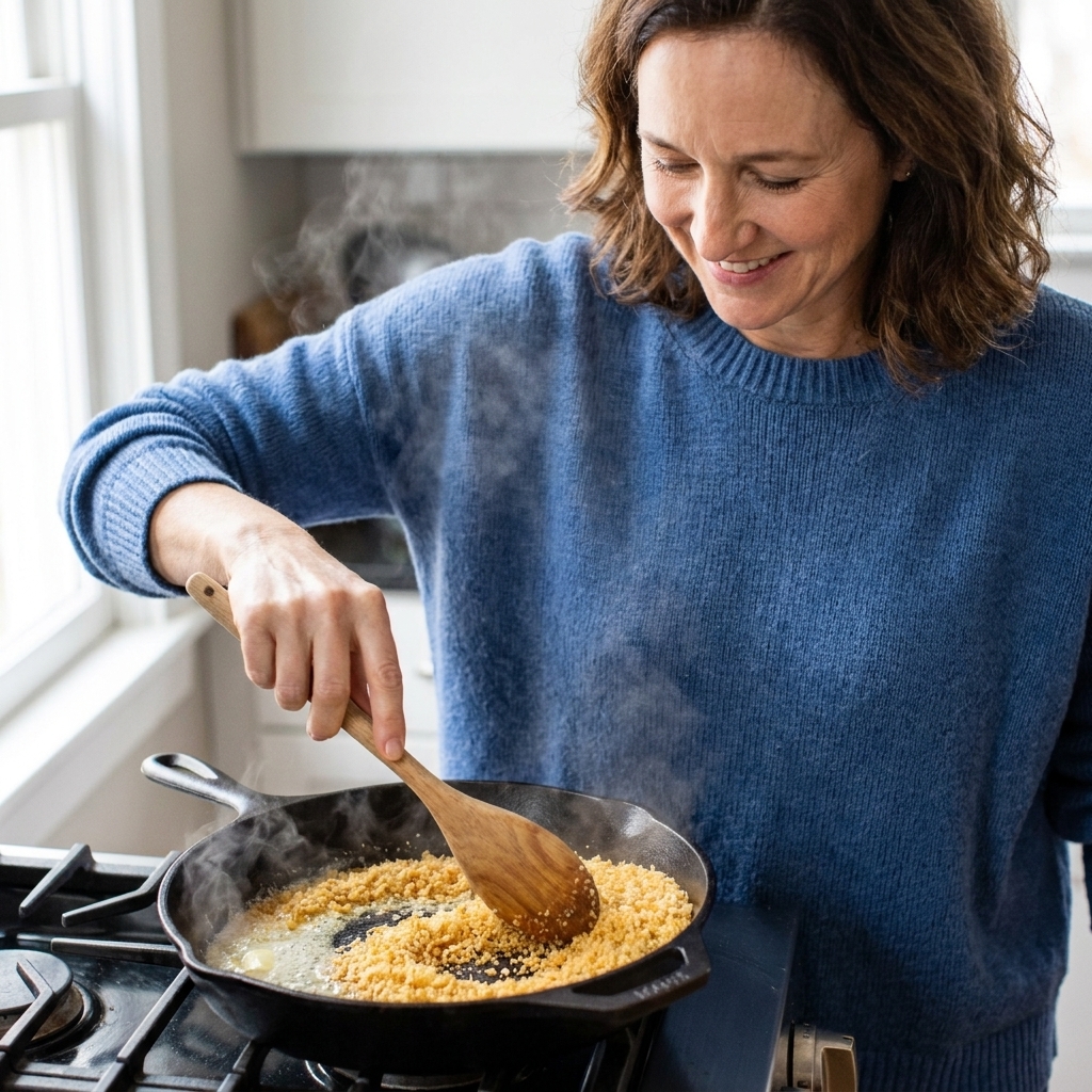 Golden panko breadcrumbs toasting in a skillet with melted butter on a stovetop, with a wooden spoon stirring