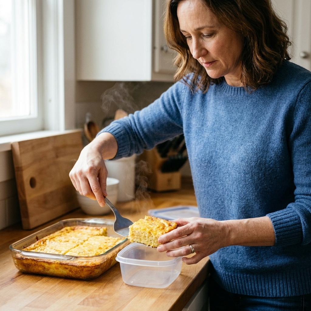 Hands lifting a neat square of baked casserole from a 9x13 dish into a small freezer-safe container on a kitchen counter