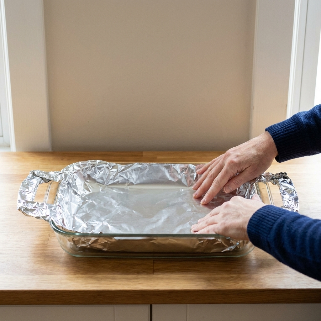 Hands pressing aluminum foil into the corners of a 9x13 pan with foil overhang forming handles on both sides