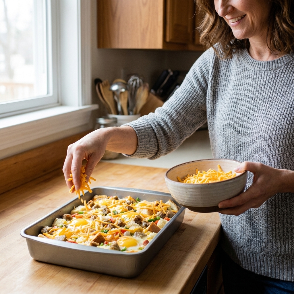 Hands sprinkling shredded cheddar over an unbaked breakfast casserole in a metal 9x13 pan on a kitchen counter