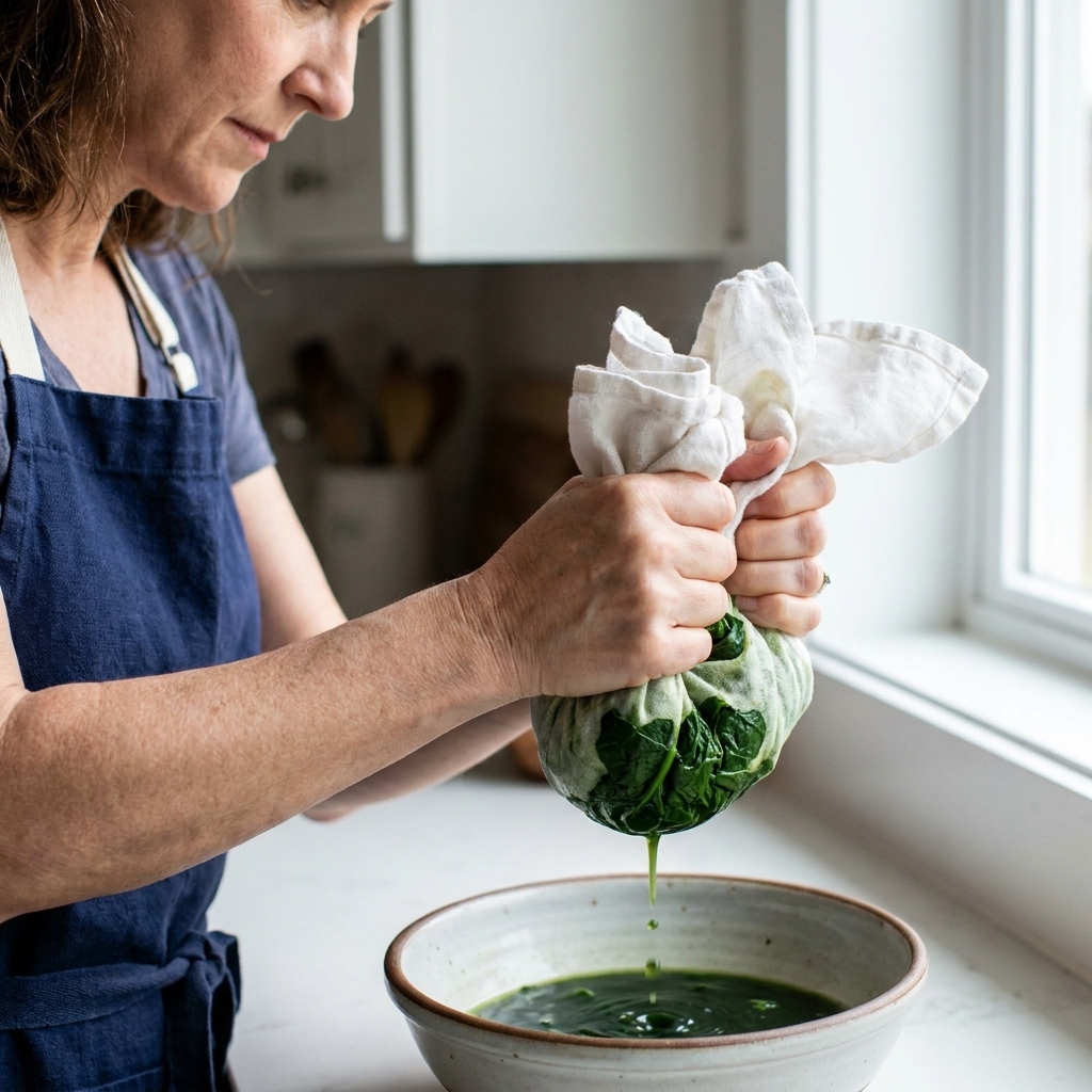 Hands squeezing cooked spinach inside a clean kitchen towel over a bowl to remove excess water before adding to a casserole