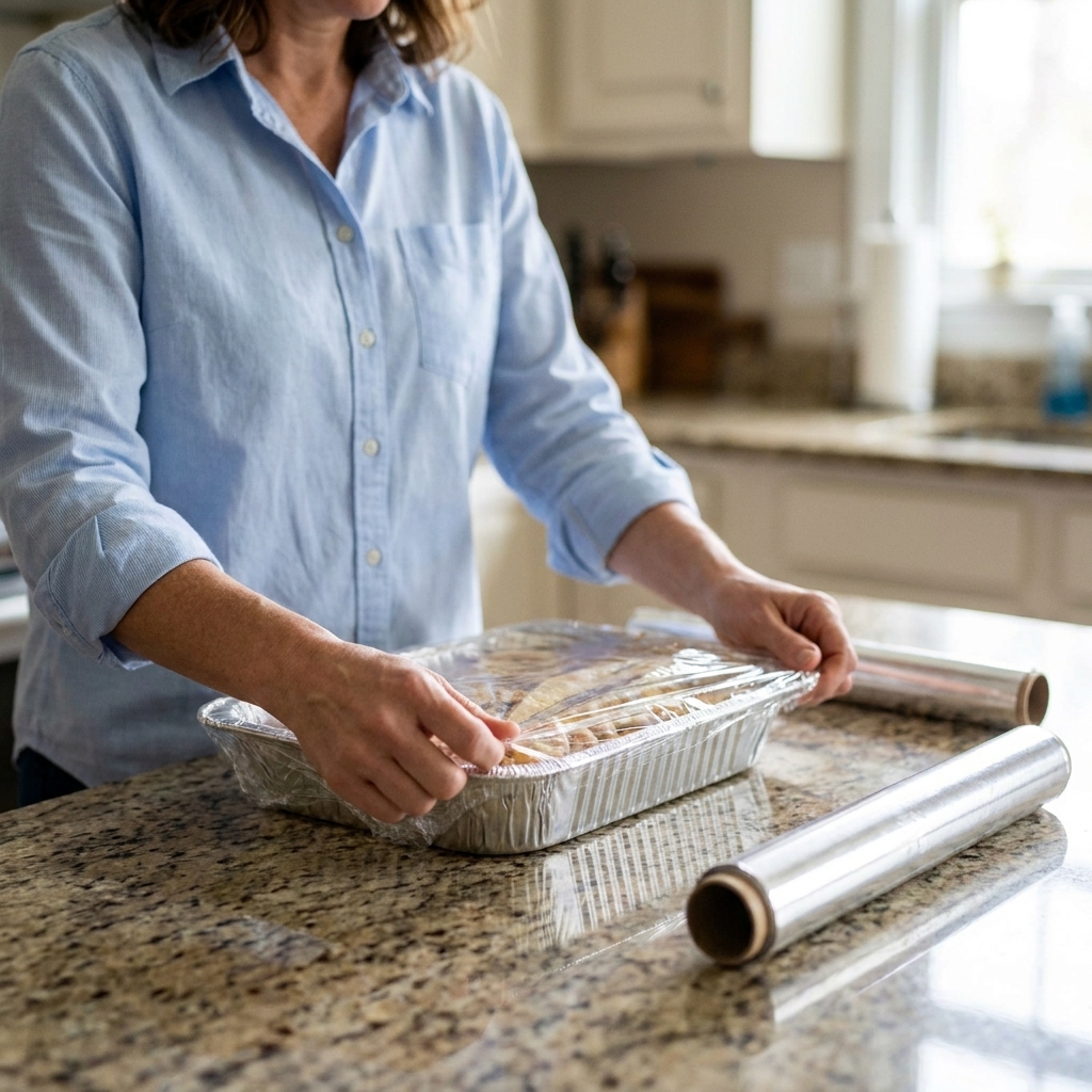 Hands wrapping a foil casserole pan tightly with plastic wrap, then heavy-duty foil, on a kitchen counter