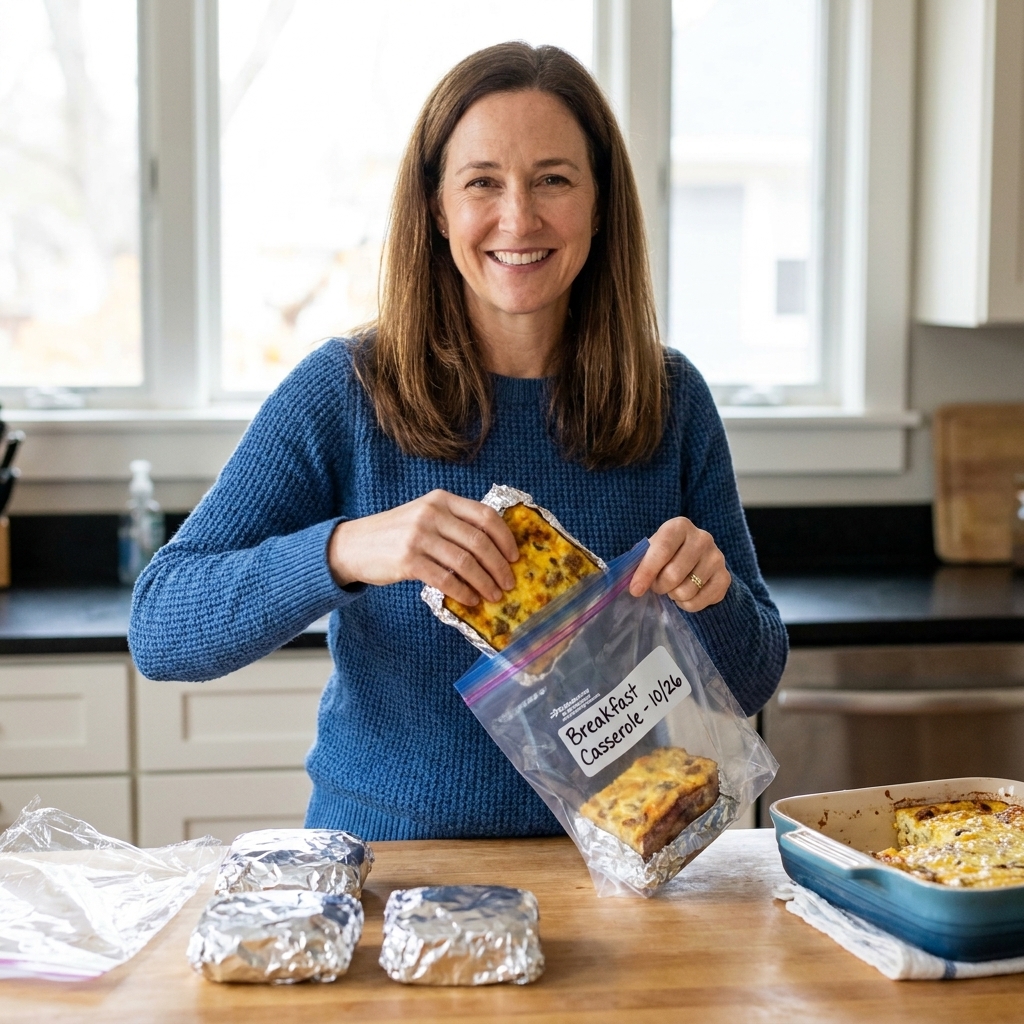 Individual squares of baked breakfast casserole wrapped and stored in a labeled freezer bag on a kitchen counter