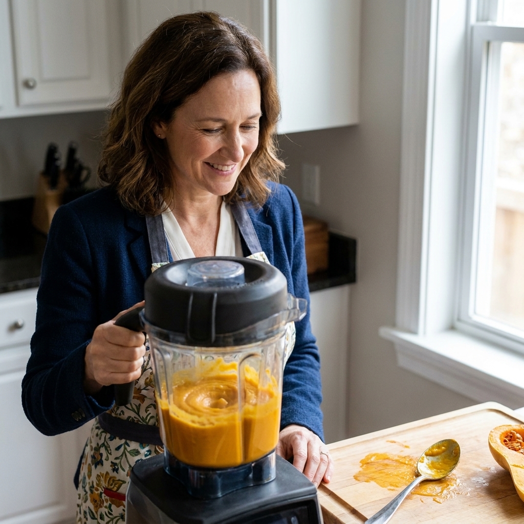 Roasted butternut squash being blended into a smooth puree in a countertop blender, with a spoon resting on a cutting board