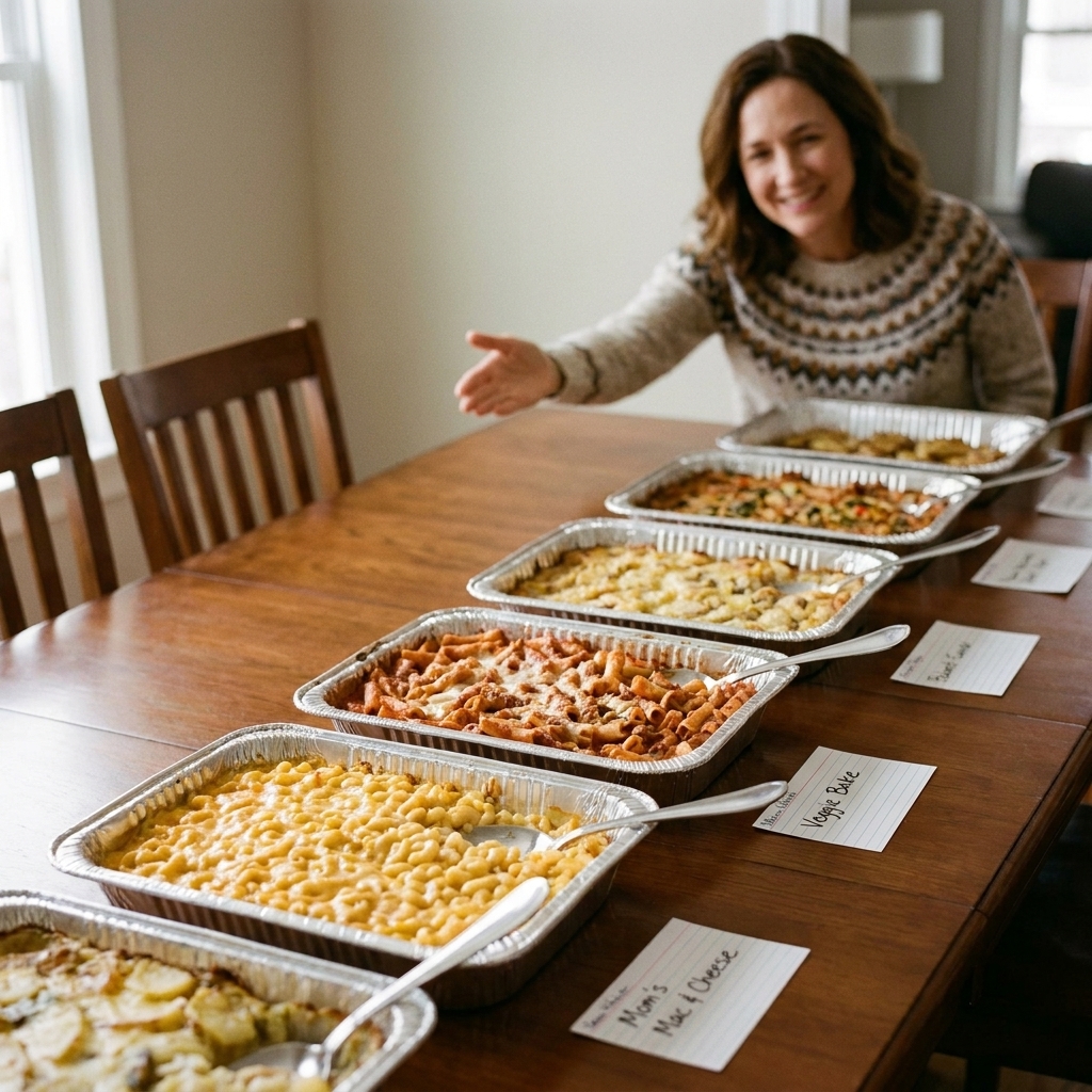 Several foil pan casseroles lined up on a dining table with serving spoons and handwritten dish cards nearby, ready for a potluck