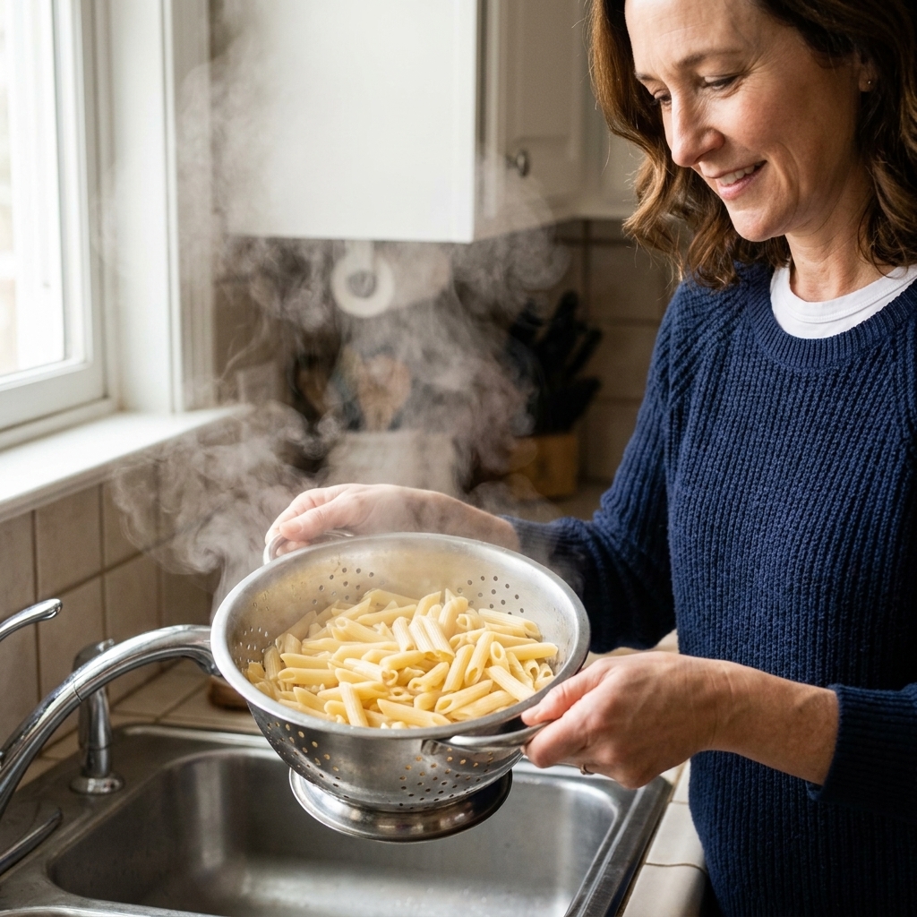 Slightly undercooked penne pasta draining in a metal colander over a sink with steam rising.