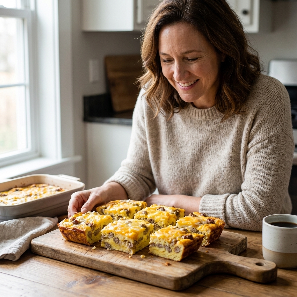 Square slices of baked breakfast casserole with eggs, sausage, and cheese cooling on a cutting board