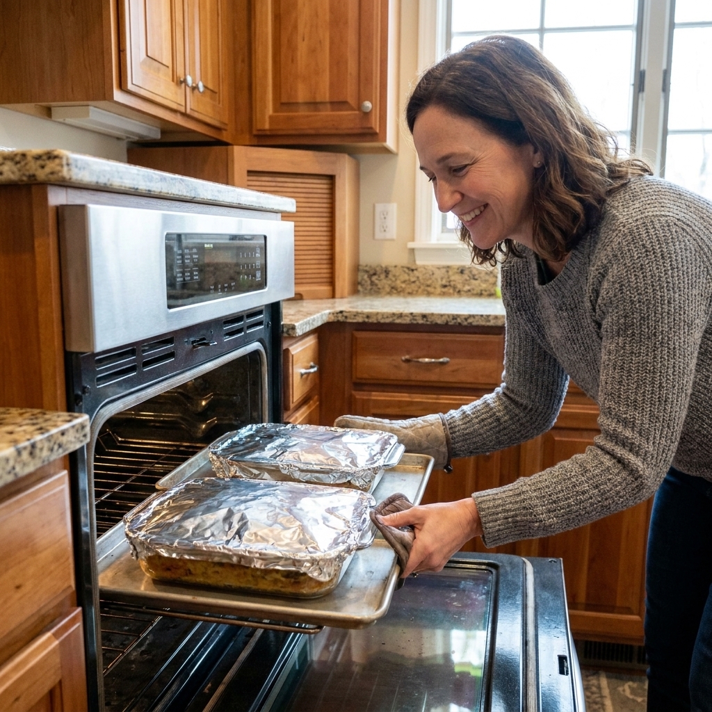 Two foil-covered casserole dishes sitting on rimmed sheet pans on a kitchen counter, ready to be rotated in the oven