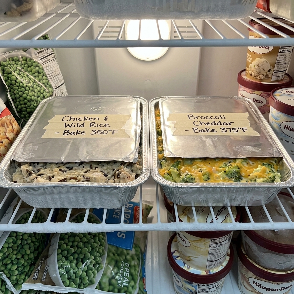 Two foil pans labeled with masking tape sitting in a home freezer, each filled with an unbaked casserole
